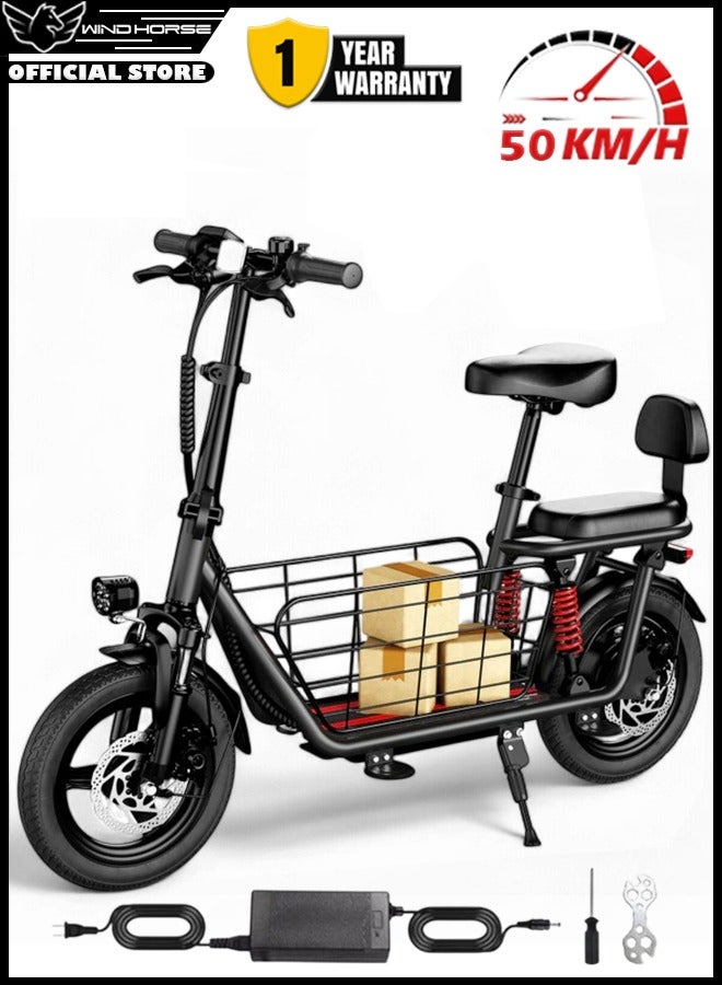 حصان الريح سكوتر كهربائي بمحرك 500 واط (قوة قصوى 850 واط) مع مقعد مزدوج، بطارية 48V10Ah، سرعة 50 كم/ساعة، مدى 40 كم، تعليق مزدوج وسلة تخزين، سكوتر كهربائي - Image 1