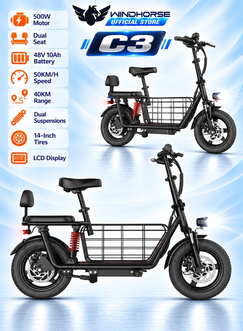Wind Horse Electric Scooter 500W Motor (Peak Power 850W) with Dual Seat, 48V10Ah Battery, 50 KM/H Speed, 40 KM Range, Dual Suspension and Storage Basket, E-Scooter - Image 1