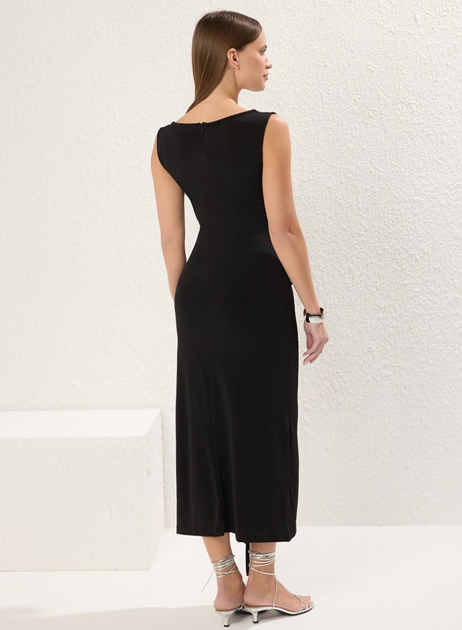 trendyol Black Straight Maxi Accessory Detailed Stretchy Knitted Dress - Image 4