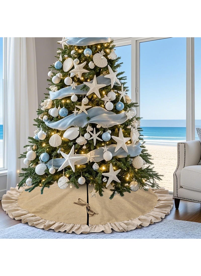 yuboo yuboo 48 Burlap Christmas Tree Skirt with Ruffle Border Summer Farmhouse Flowers Tree Skirt Linen Rustic Tree Ornaments for Farmhouse Decorations 