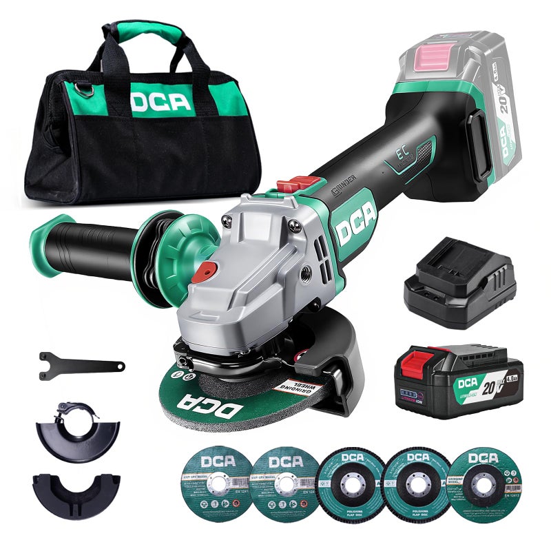 DCA Cordless Angle Grinder 4-1/2 inch, 20V Brushless Motor 8500RPM, Battery Grinder Tool-Free Guard, 4.0Ah Battery & Charger, Power Electric Cut Off Tool with 6 Discs for Cutting, Grinding, Polishing - Image 1