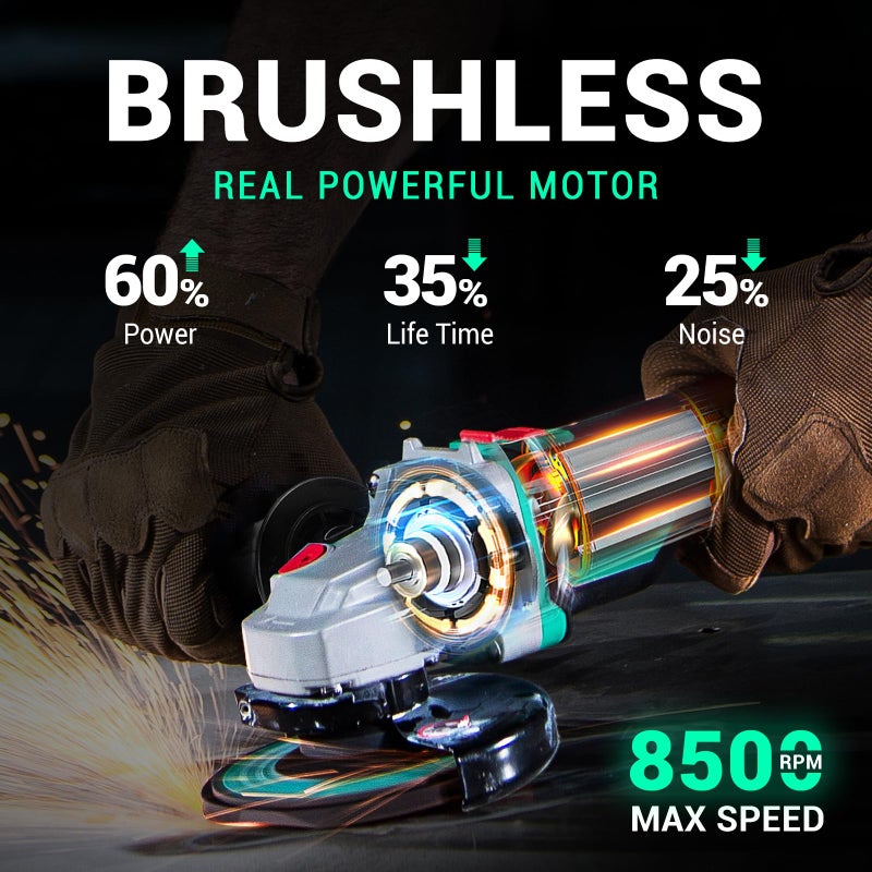 DCA Cordless Angle Grinder 4-1/2 inch, 20V Brushless Motor 8500RPM, Battery Grinder Tool-Free Guard, 4.0Ah Battery & Charger, Power Electric Cut Off Tool with 6 Discs for Cutting, Grinding, Polishing - Image 3