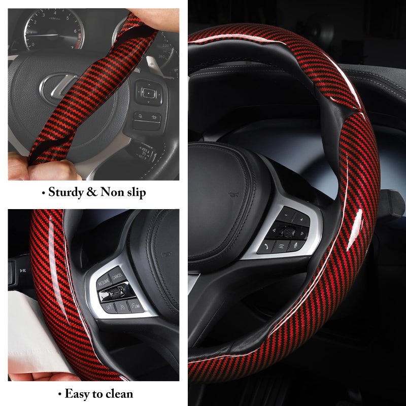 Aotoyou Carbon Fiber Steering Wheel Cover, Snap on Car Steering Wheel Cover Set Accessories 3pcs Wrap Grip Non Slip Protector Universal Glossy Red - Image 5