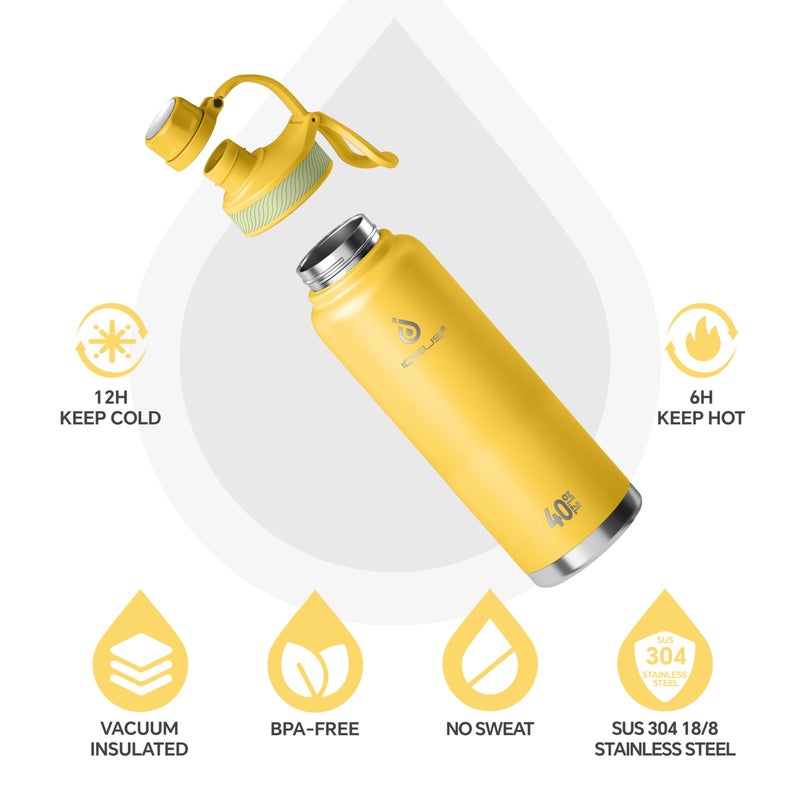 IDEUS Insulated Stainless Steel Water Bottle with 2 Leak-Proof Lids, Thermal Water Flask for Hiking Biking, 40oz, Bright Yellow - Image 2