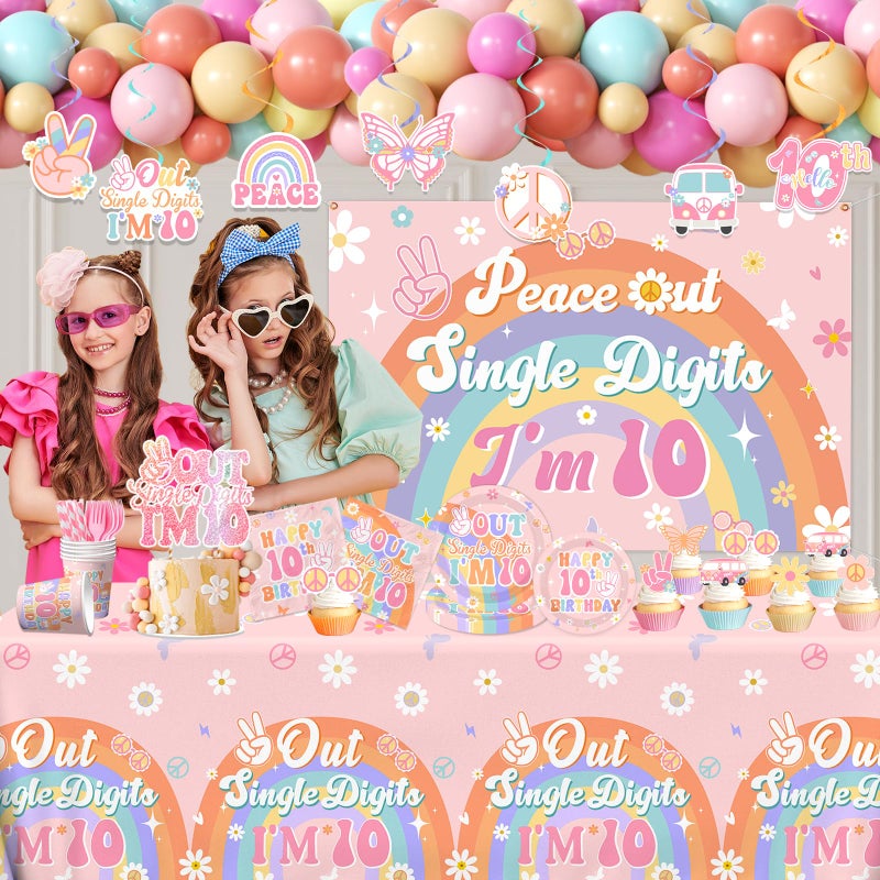 Bezkega 10th Birthday Decorations for Girl,288pcs Peace Out Single Digits Party Decor Groovy Double Digits Birthday Girl Plates and Napkin Cups Tablecloth,Cake Topper,Honeycomb Balloon Kit - Image 4