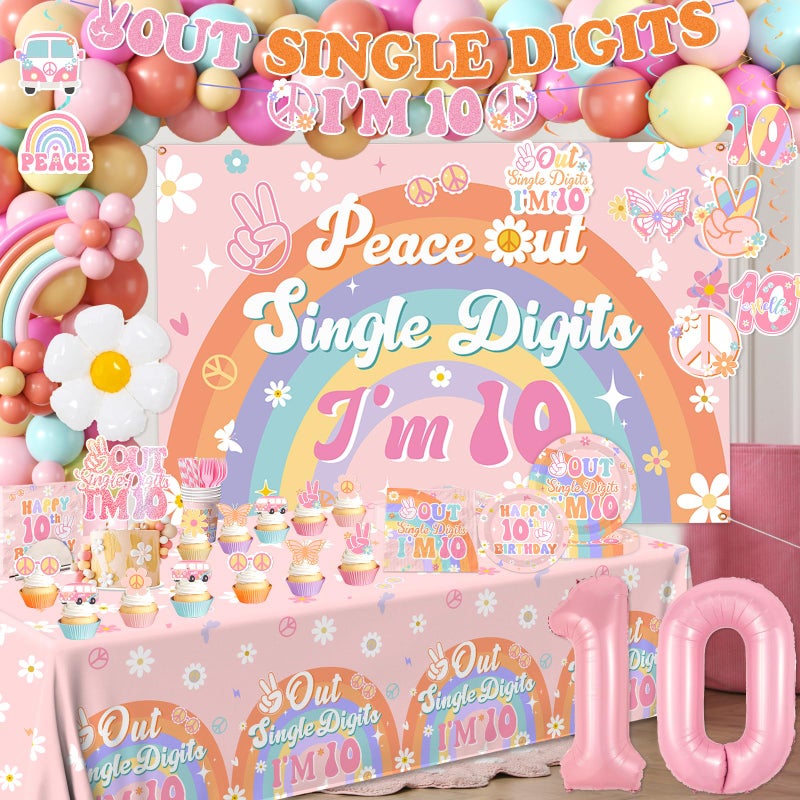 Bezkega 10th Birthday Decorations for Girl,288pcs Peace Out Single Digits Party Decor Groovy Double Digits Birthday Girl Plates and Napkin Cups Tablecloth,Cake Topper,Honeycomb Balloon Kit - Image 3