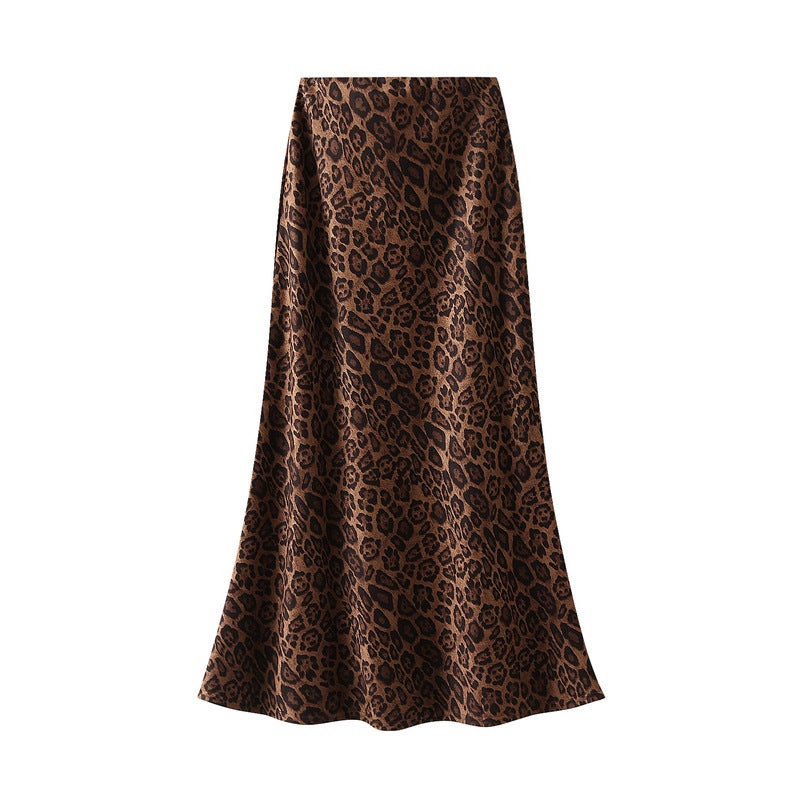 Leopard Slip Skirt Womens High-Waisted Slimming Fish Tail Medium-Length Step-Length 2024 Autumn Winter New Arrival Khaki leopard  - Image 1