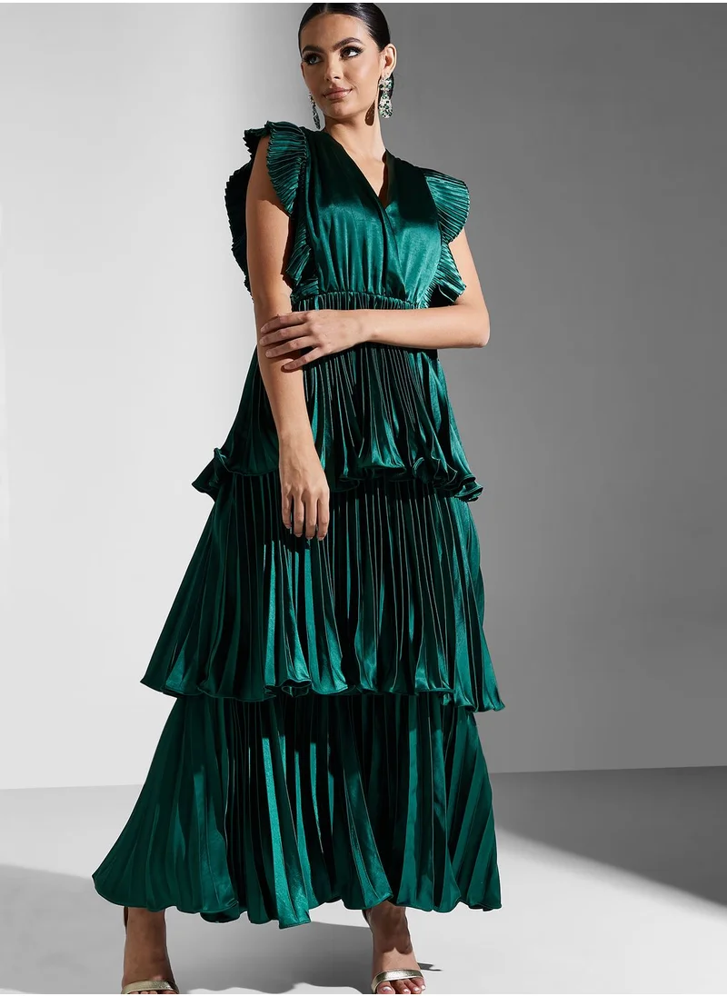 True Decadence Pleated Tiered Plisse Maxi Dress