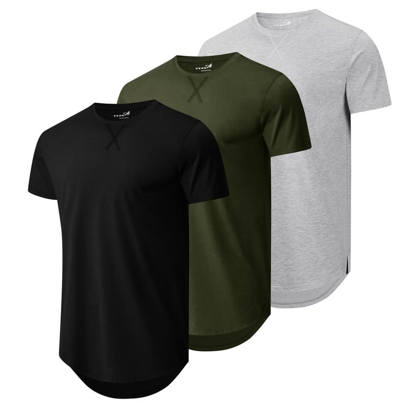 Mens 3 Pack Plain Cotton Shirts Short Sleeve Casual Crew Neck TShirts Hipster Hip Hop Longline Tees Shirts Drop Cut Curved Hem Shirt BKLGAG L