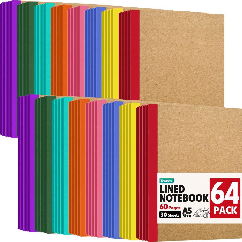YesBes 64 Pack Composition Notebooks Bulk, A5 Kraft Cover Lined Journaling Notebooks, 8.3â€x 5.5â€ Travel Notebook for School Office Students Artists, 8 Colors 60 Pages - Image 1