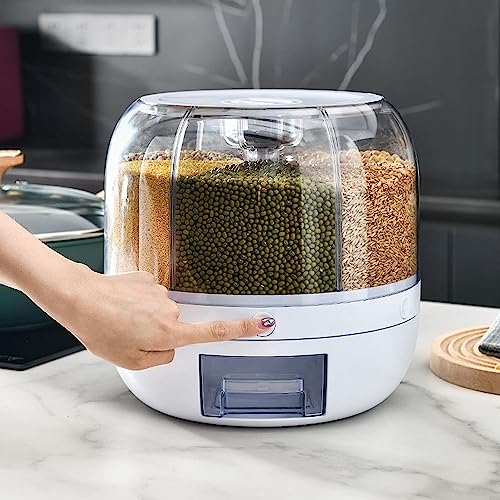 Dravizon 6-Grid Rotating Food Dispenser - Rice Bucket Storage Tank, Cereal Dispenser, Stackable Containers, One-Click Rice Picking, White - Image 1