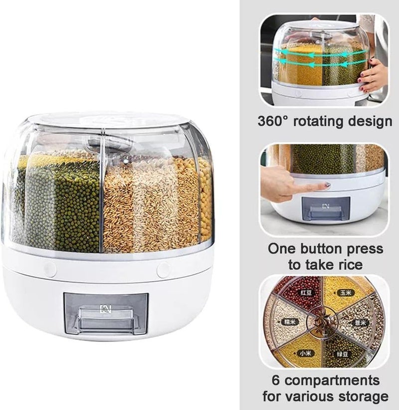 Dravizon 6-Grid Rotating Food Dispenser - Rice Bucket Storage Tank, Cereal Dispenser, Stackable Containers, One-Click Rice Picking, White - Image 3