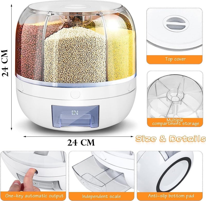 Dravizon 6-Grid Rotating Food Dispenser - Rice Bucket Storage Tank, Cereal Dispenser, Stackable Containers, One-Click Rice Picking, White - Image 5