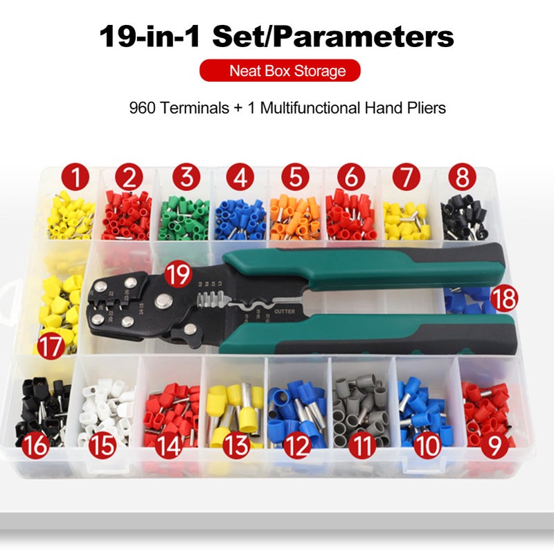 Crimper Tool Kit Crimp Ferrule Including 18 Types 960Pcs Insulated Wire Terminals Self Adjusting Crimping Plier Set Tool Guage 0.5-10mm² - Image 4