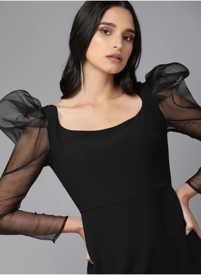 ميش Square Neck Puff Mesh Sleeve Knee-Length Dress by Styli