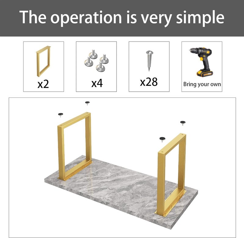 Cartvilla Cartvilla Metal Table Legs 28 inch Height x 24 inch Wide with Adjustable Protector Feet Metal Furniture Legs for Coffee Table Cocktail Table Square Tube Leg Bear Up to 800lb Gold Set of 2 - Image 4