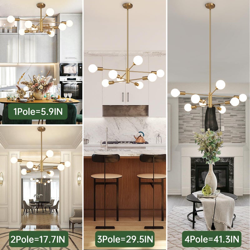 RUIYEY Modern Sputnik Chandeliers Light, 8-Light Gold Dining Room Chandelier Over Table, E26 Mid Century Ceiling Light Fixtures Height Adjustable Hanging Pendant Lighting for Entryway Foyer - Image 3