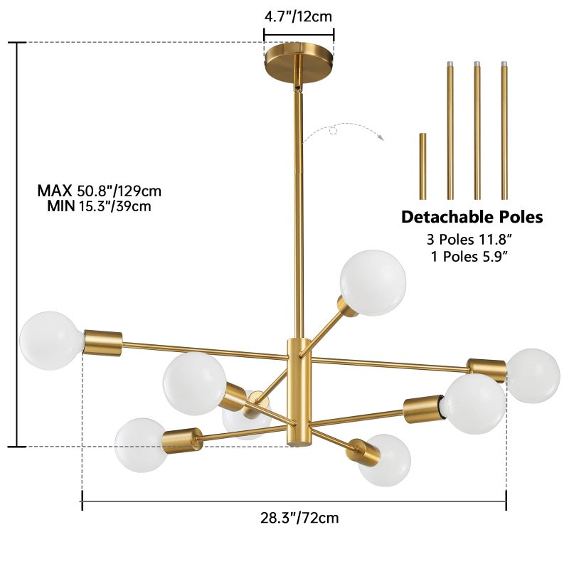 RUIYEY Modern Sputnik Chandeliers Light, 8-Light Gold Dining Room Chandelier Over Table, E26 Mid Century Ceiling Light Fixtures Height Adjustable Hanging Pendant Lighting for Entryway Foyer - Image 2