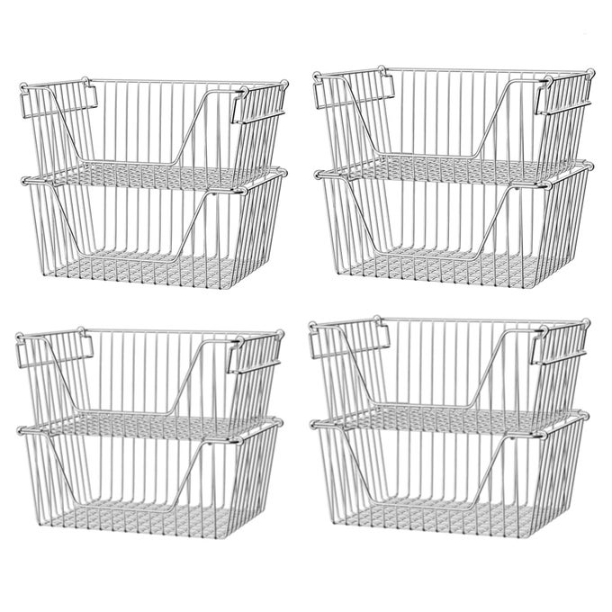 14 LARGE STACKABLE STORAGE BASKETS CABINET ORGANIZER STURDY METAL WIRE PANTRY FREEZER BIN FOR PANTRY HOME BATHROOM KITCHEN ORGANIZATION SET OF 8