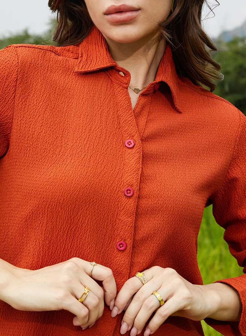 Campus Sutra Women's Vermillion Orange Textured Regular Fit Shirt