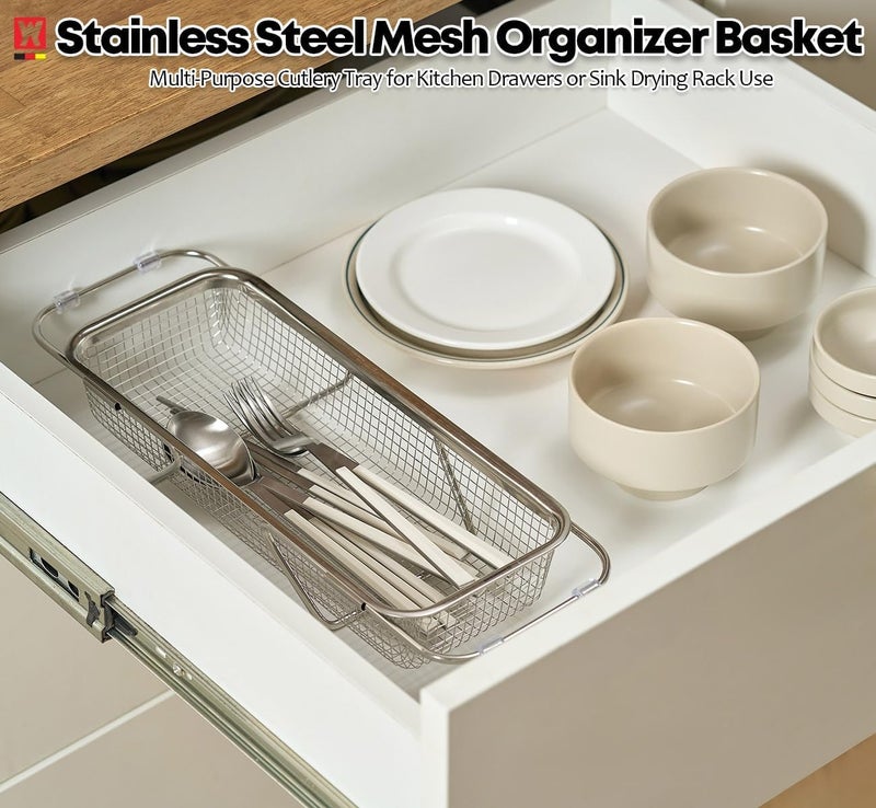 WAGENSTEIGER Extendable Dish Rack with Feet, Vegetable Colander Basket, Stainless Steel Dish or Silverware Drying Rack, Ultimate Kitchen Organizer Over The Sink (12.40 x 5.12 x 2.36 Inches) - Image 5
