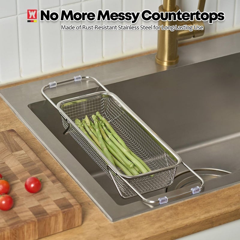 WAGENSTEIGER Extendable Dish Rack with Feet, Vegetable Colander Basket, Stainless Steel Dish or Silverware Drying Rack, Ultimate Kitchen Organizer Over The Sink (12.40 x 5.12 x 2.36 Inches) - Image 4