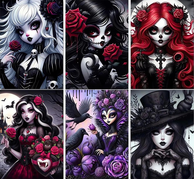 DAZZLEDOTS Diamond Art Kits for Adults, 6-Pack Gothic Girl Diamond Painting Kits for Beginner Princess Round 5D Full Drill Diamond Dots Crafts for Home Wall Decor Gifts 12x16 Inch - Image 1