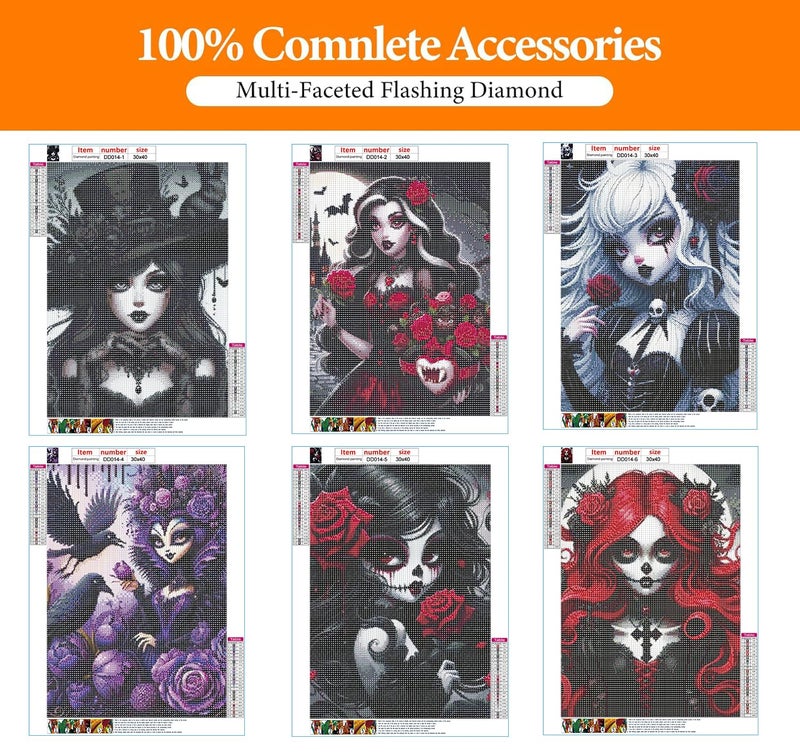 DAZZLEDOTS Diamond Art Kits for Adults, 6-Pack Gothic Girl Diamond Painting Kits for Beginner Princess Round 5D Full Drill Diamond Dots Crafts for Home Wall Decor Gifts 12x16 Inch - Image 4