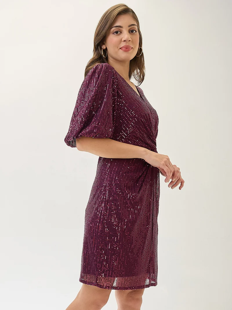 globus Globus Women V-Neck Puff Sleeves Twisted Detail Sequinned Mini Sheath Party Dress