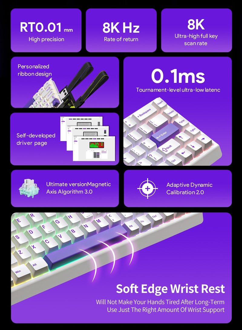 أوتشوانغ لوحة مفاتيح ألعاب ميكانيكية M68 HE بتشغيل سريع - سلكية 60% مع تفعيل قابل للتعديل، مفاتيح مغناطيسية بتأثير هول، معدل استطلاع 8 كيلوهرتز، إضاءة RGB خلفية، هيكل علوي،تبديل ساخن, أغطية مفاتيح PBT مزدوجة القوالب - أبيض وأرجواني - Image 2