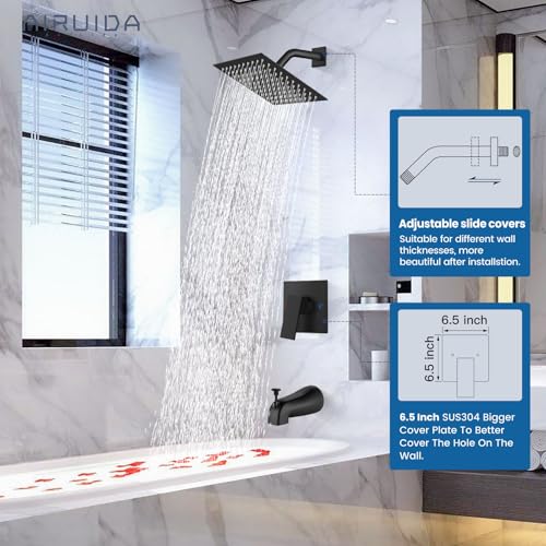 Airuida Shower Faucet Set with Tub Spout Bathtub Faucet Kit Complete Tub Shower Trim Kit with Solid Brass Rough-in Valve and 8 Inch Square Rainfall Showerhead Bent Shower Arm Matte Black - Image 3