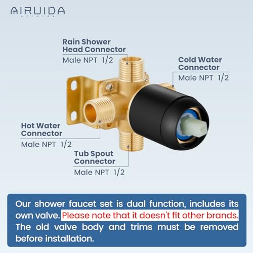Airuida Shower Faucet Set with Tub Spout Bathtub Faucet Kit Complete Tub Shower Trim Kit with Solid Brass Rough-in Valve and 8 Inch Square Rainfall Showerhead Bent Shower Arm Matte Black - Image 2