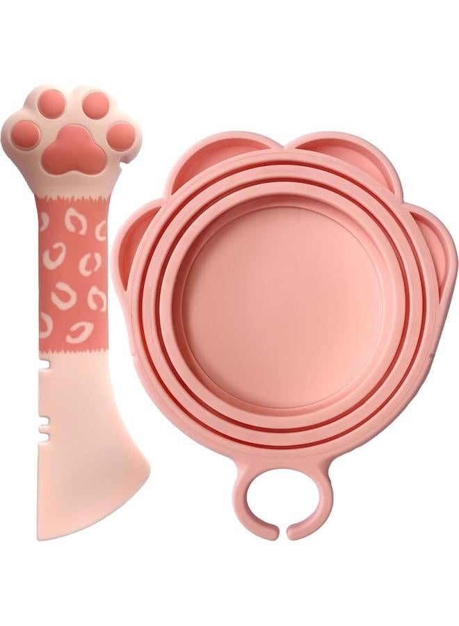 Cat Food Can Spoon & Can Covers, Cute Paw Silicone Pet Food Can Opener Spatula & Can Lids, Stainless Steel Wet Food Spoon for Cats and Dogs (Pink)  - Image 1