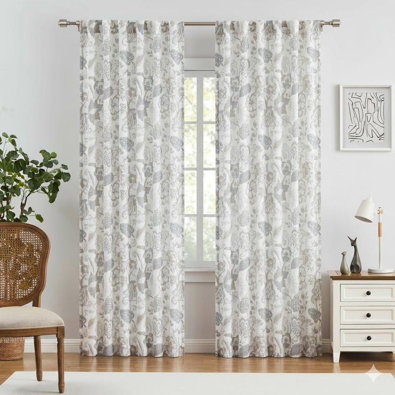 Kayne Studio Backtab Rod Pocket Jacobean Floral Semi Sheer Curtains Botanical Leaf Printed Vintage Farmhouse Curtains for Living Room Linen Grey Light Filtering Window Treatment Sets,52"x84",2 Panels - Image 2