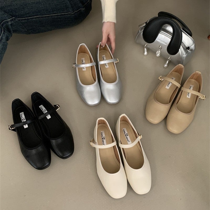 2025 Spring New Korean Style Chanel-Inspired Unique Silver Shoes Round Toe Single Strap Flat Mary Jane Shoes Discontinued - Image 2