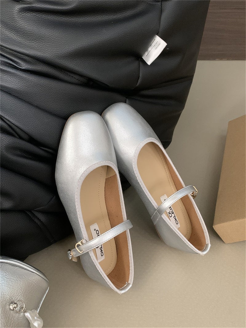 2025 Spring New Korean Style Chanel-Inspired Unique Silver Shoes Round Toe Single Strap Flat Mary Jane Shoes Discontinued - Image 1