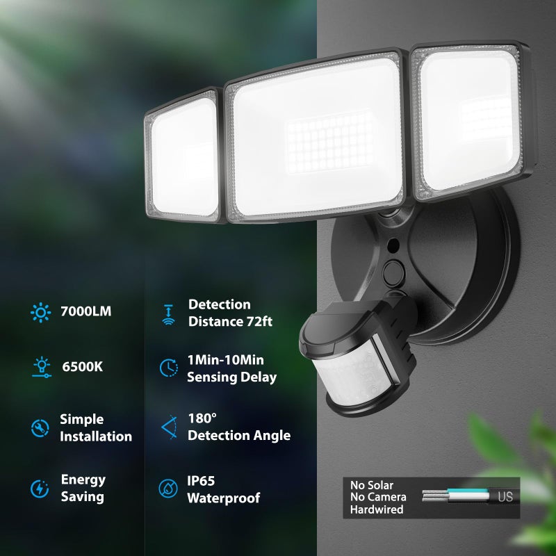 Onforu 75W LED Flood Light Motion Sensor Outdoor, 7000lm Dusk to Dawn Flood Light, Security Light with Three Head, IP65 Waterproof Exterior Floodlight, 6500k Wall Light for Entryway Stairs Yard Garage - Image 3