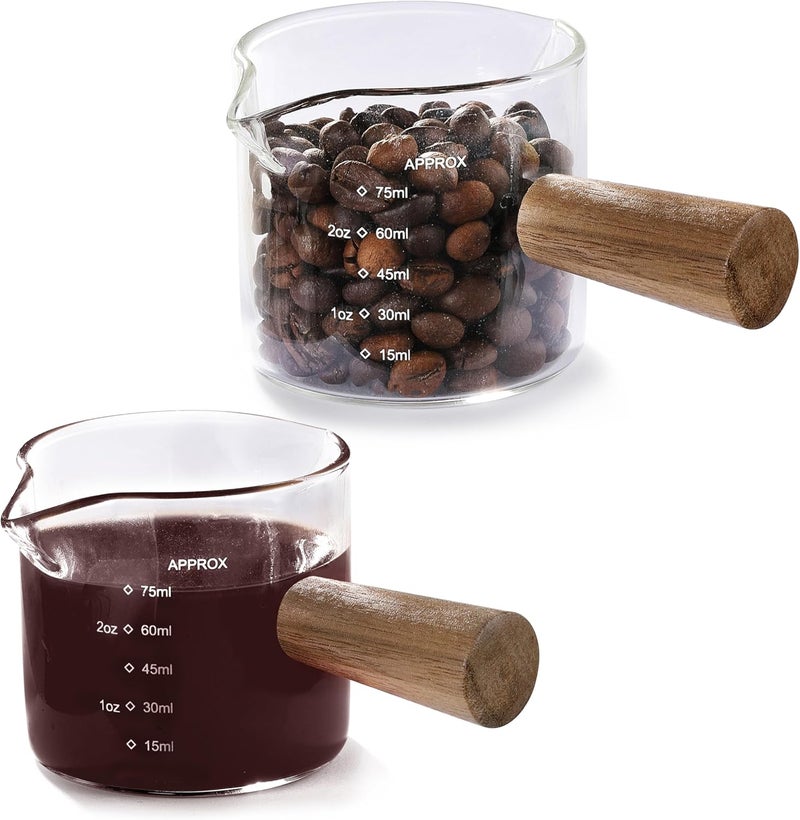 VRUIFA 2 Pack Measuring Cups, Espresso Shot Glass with Wood Handle, Clear Glass with Dual Scale, Espresso Accessories with Double Spouts, 2.5 OZ /75 ML - Image 1
