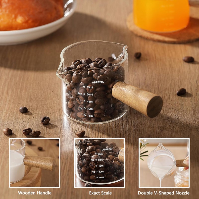 VRUIFA 2 Pack Measuring Cups, Espresso Shot Glass with Wood Handle, Clear Glass with Dual Scale, Espresso Accessories with Double Spouts, 2.5 OZ /75 ML - Image 3