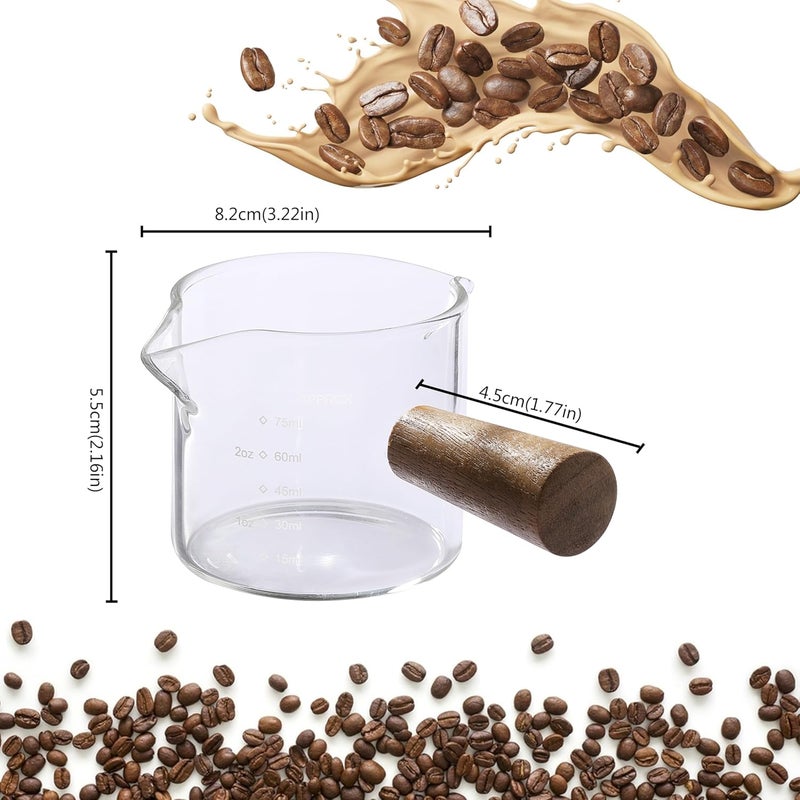 VRUIFA 2 Pack Measuring Cups, Espresso Shot Glass with Wood Handle, Clear Glass with Dual Scale, Espresso Accessories with Double Spouts, 2.5 OZ /75 ML - Image 2
