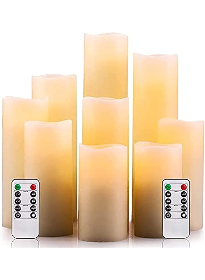 The Bros Flameless Candles Battery Operated Candles 4" 5" 6" 7" 8" 9" Ivory Real Wax Pillar LED Candles with 10-Key Remote and Cycling 24 Hours Timer (9PCS) - Image 1
