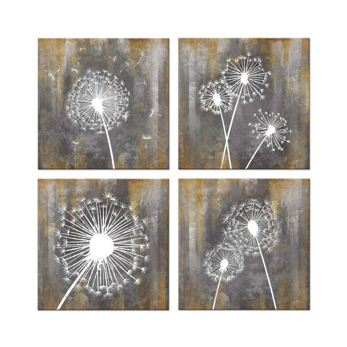 DANDELION CANVAS WALL ART ABSTRACT GREY AND GOLD FLOWER BATHROOM PICTURE WALL DECOR STRETCHED AND FRAMED READY TO HANG 12X12INCHX4PCS