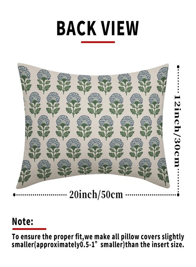 Aytipun Blue Green Floral Block Print Pillow Covers 12x20 Set of 2 Flower Pattern Cream Spring Summer Decorative Throw Pillowcases Outdoor Rustic Farmhouse Cushion Cases Decor for Home Couch Sofa Bed - Image 3