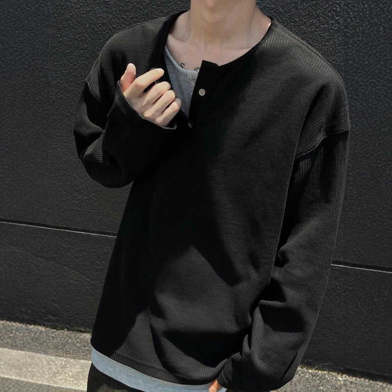 Korean Style High-End Fake Two-Piece Long-Sleeved T-Shirt for Boys Loose Casual Spring and Autum Korean Style Versatile Sweatshirt Bottoming Shirt - Image 1