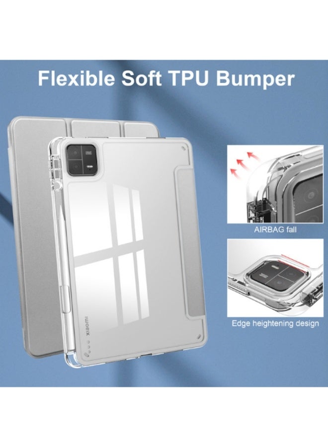 for xiaomi Pad 7/Pad 7 ProCase Cover ,Transparent Airbag With Pen Slot For Anti Drop, Tablet Protective Cover, Triple Fold Multi Angle Design, Automatic Wake-up/sleep, Soft Leather，Grey - Image 3