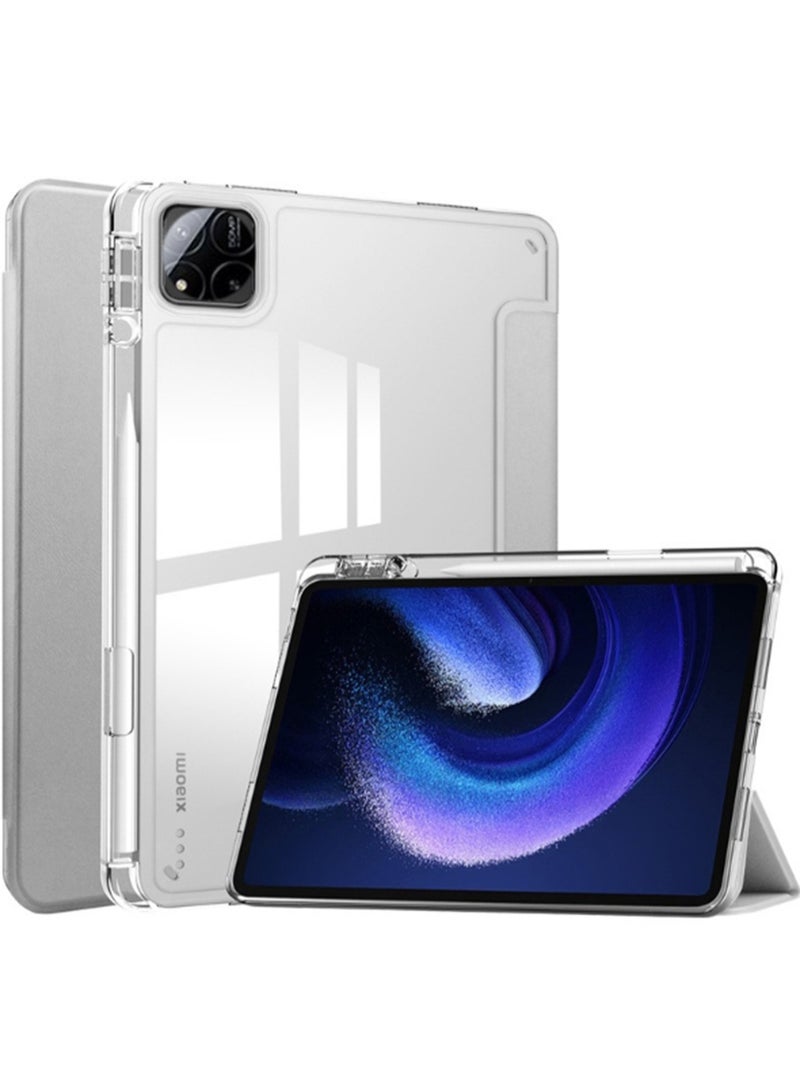 for xiaomi Pad 7/Pad 7 ProCase Cover ,Transparent Airbag With Pen Slot For Anti Drop, Tablet Protective Cover, Triple Fold Multi Angle Design, Automatic Wake-up/sleep, Soft Leather，Grey - Image 1