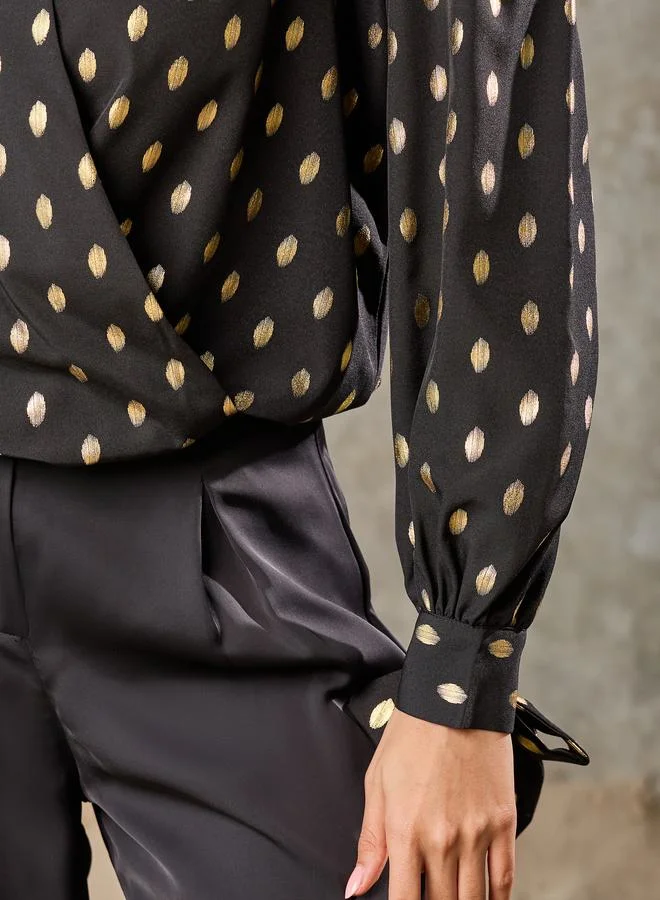 Styli Foil Print Tie Sleeves Wrap Top