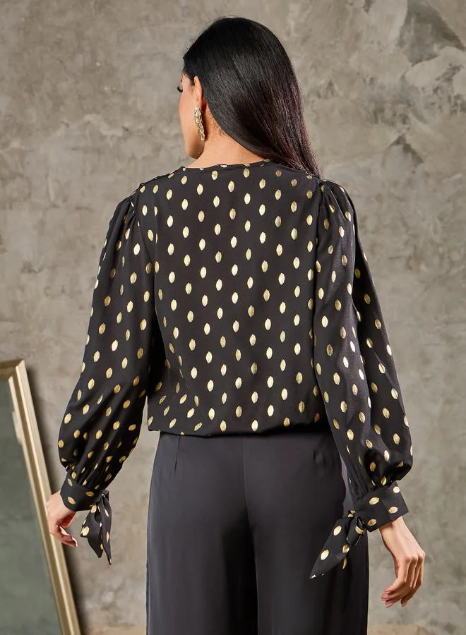 Styli Foil Print Tie Sleeves Wrap Top