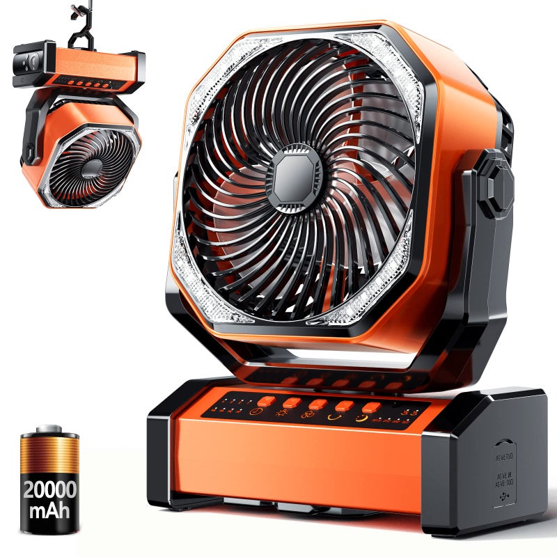Camping LED Fan with Light 20000mAh Rechargeable Battery Powered Outdoor Tent Fan with Light and Hook 4 Speed Personal USB Desk Fan for Camping Fishing Power OutageHurricane Worksite