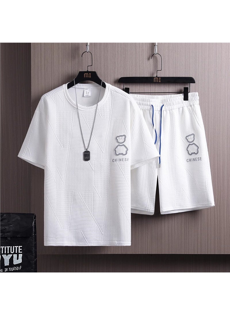Generic - Mens Summer Ice Silk Breathable White T-Shirt Shorts Set DHK003 white set - Image 1